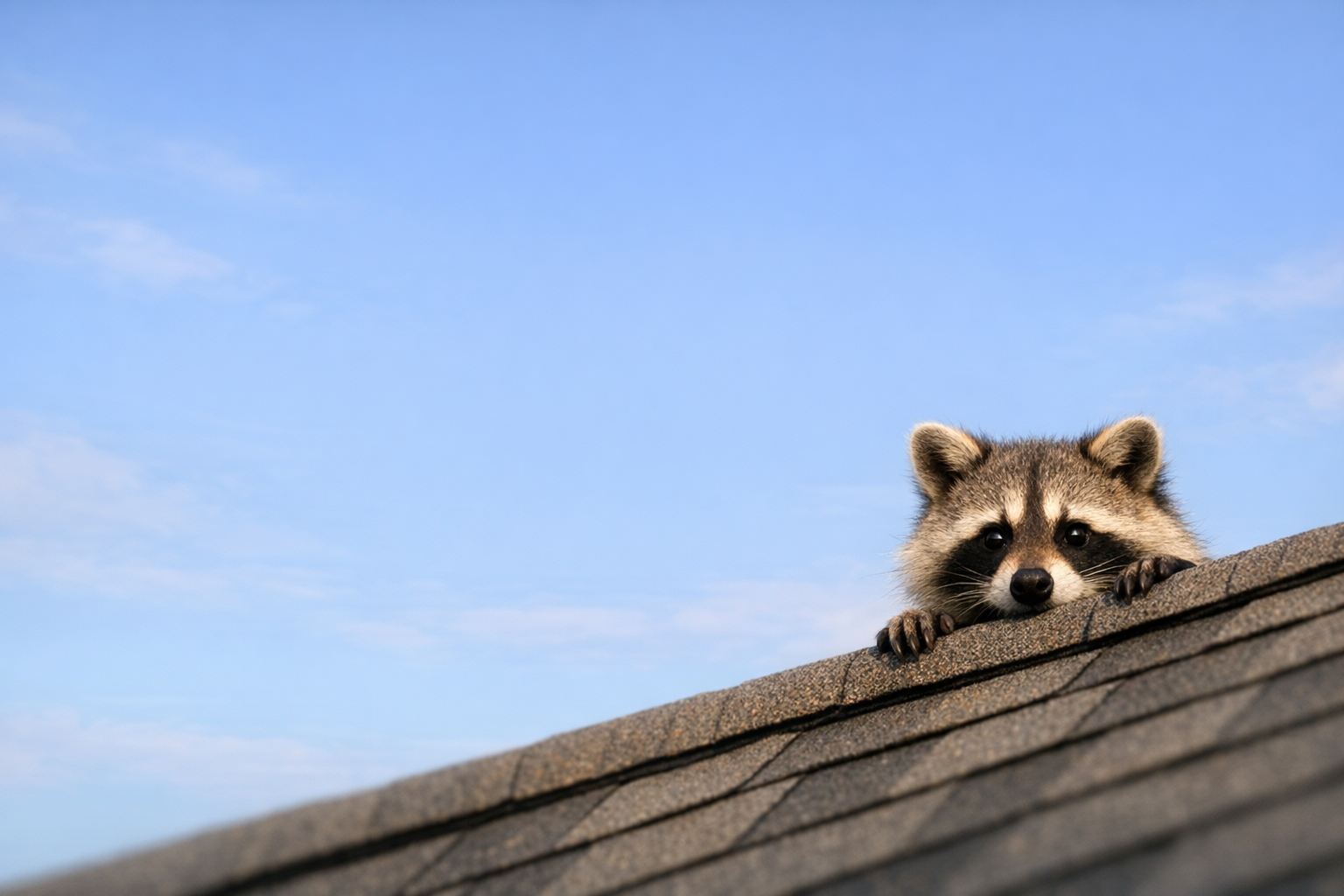 Raccoon peeking over a wooden fence