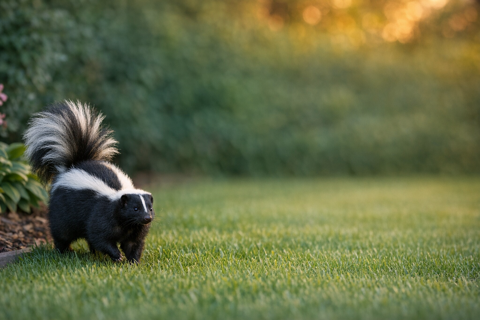 Skunk walking through a backyard lawn